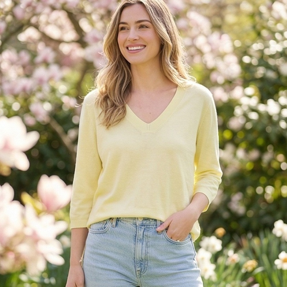Talbots 2XP Plus Petite Pale Yellow V-Neck 3/4 Sleeve Knit Top Women's NEW